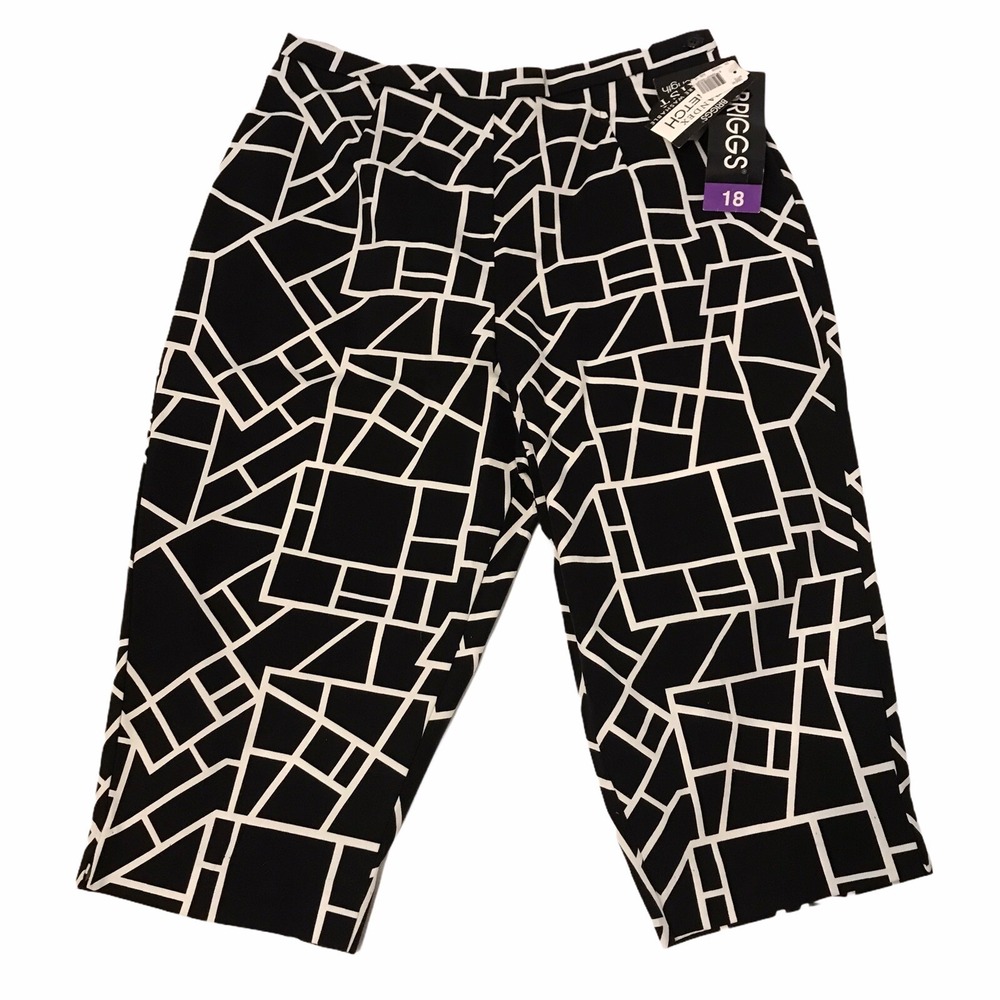 BRIGGS Women's Capris Size 18 Black White Geometric Print Comfort Waist New Tags